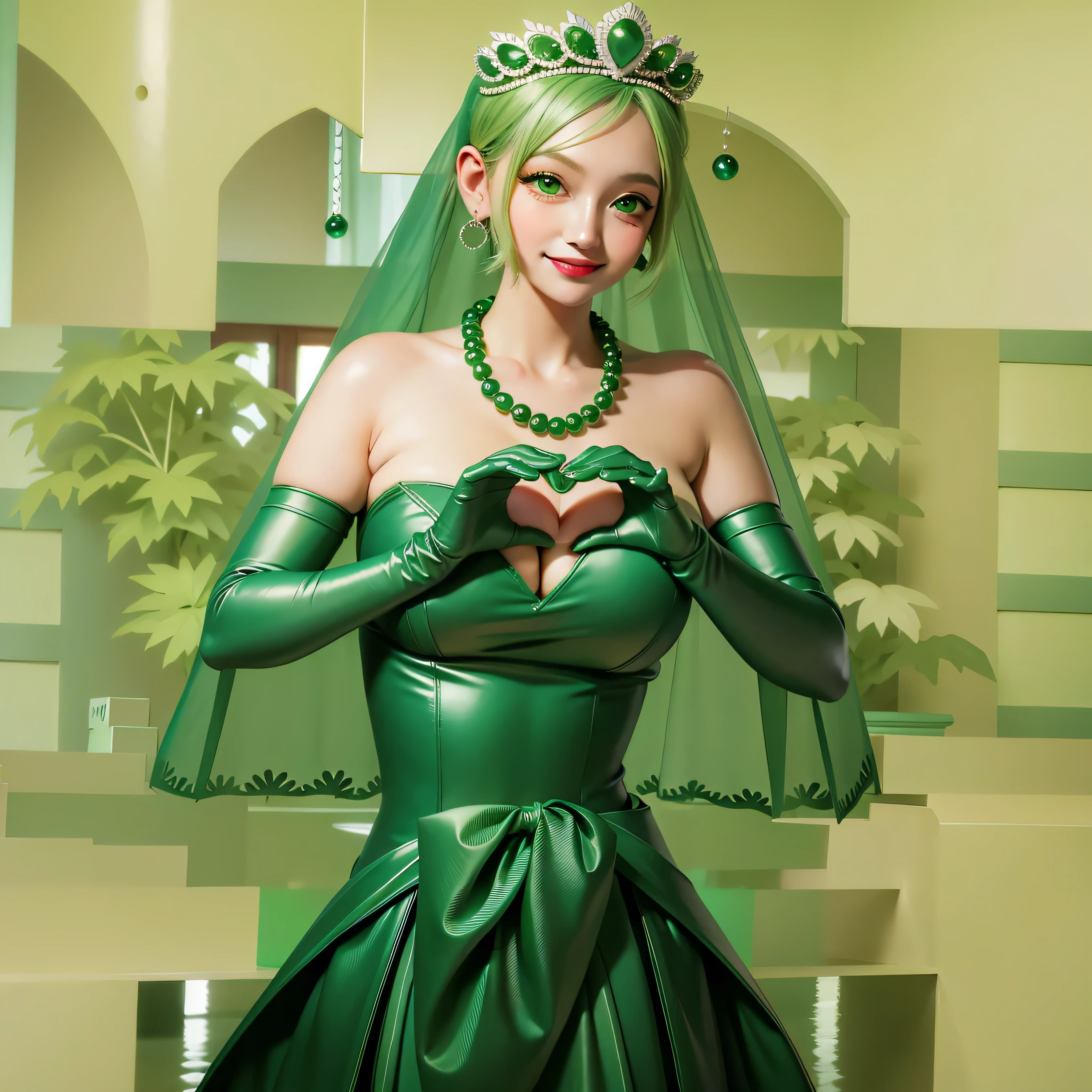 emerald tiara, Green Pearl Necklace, Boyish very short green hair, Green Lips, Smiling Japanese woman, Very short hair, beautiful lady, Green Eyes, Green satin long gloves, Green Eyes, Emerald Earrings, Green veil, Heart with both hands, Green Hair, Beautiful Japanese Woman, Heart shaped hands:1.3, green lip gloss