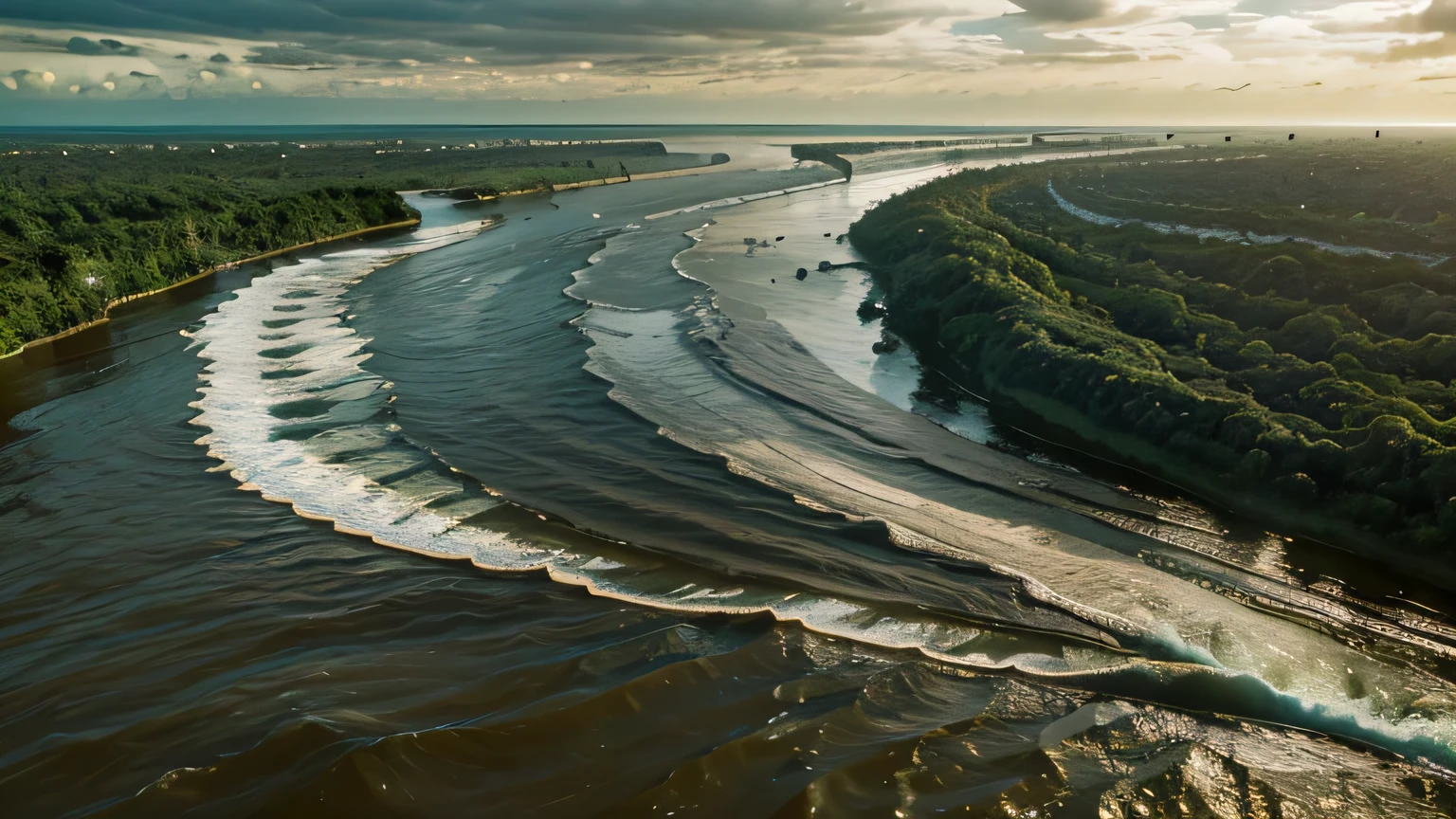 The wave goes up the river, washing both banks, destroying the banks facing it, the wave is transverse to the banks and goes up the river with the force of a tsunami, destroying the sides. A tsunami penetrating the Atlantic into the Amazon River a tsunami entering the Amazon River facing it, A giant wave, Amazon, rises up the Amazon River, devastating the sides, it is a giant wave and a tsunami invading the Amazon River, devastating the sides, the Amazon River at its mouth is 300 km wide and narrows as it goes up the rivers reaching 15 km wide the wave is only around 8 meters high but reaches the entire length from side to side of the river bank an image Super detailed of the Pororoca at the mouth of the Amazon River the Pororoca is a phenomenon when the Atlantic invades the Amazon River when it appears it overcomes the strength of the giant River and rises up the River and as it rises the River destroys trees and ravines on the banks of the Amazon River ((best quality)), ((masterpiece)), (detailed),