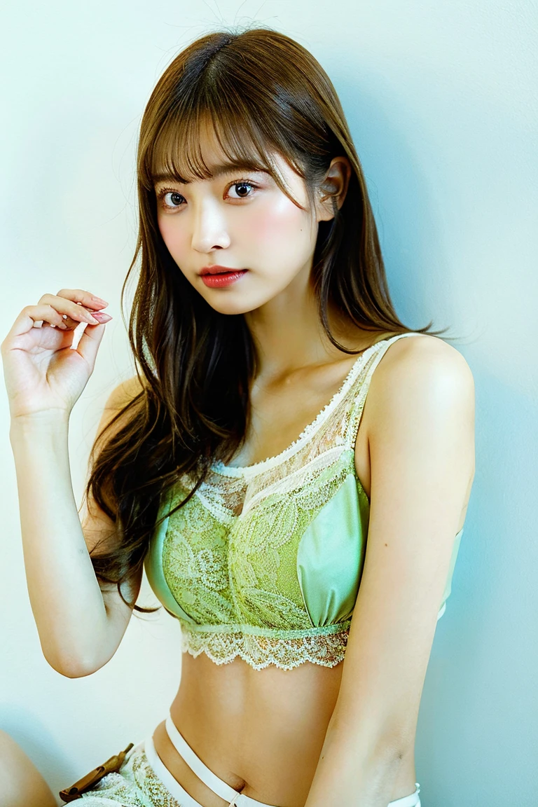 Top quality, one beautiful woman, wearing green lace lingerie, 35mm lens, f/1, cowboy shot, (white background: 1.3), flat chest, on bed