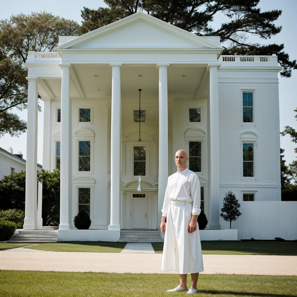a beautiful bald model stands against the background of a perfectly minimalist white house