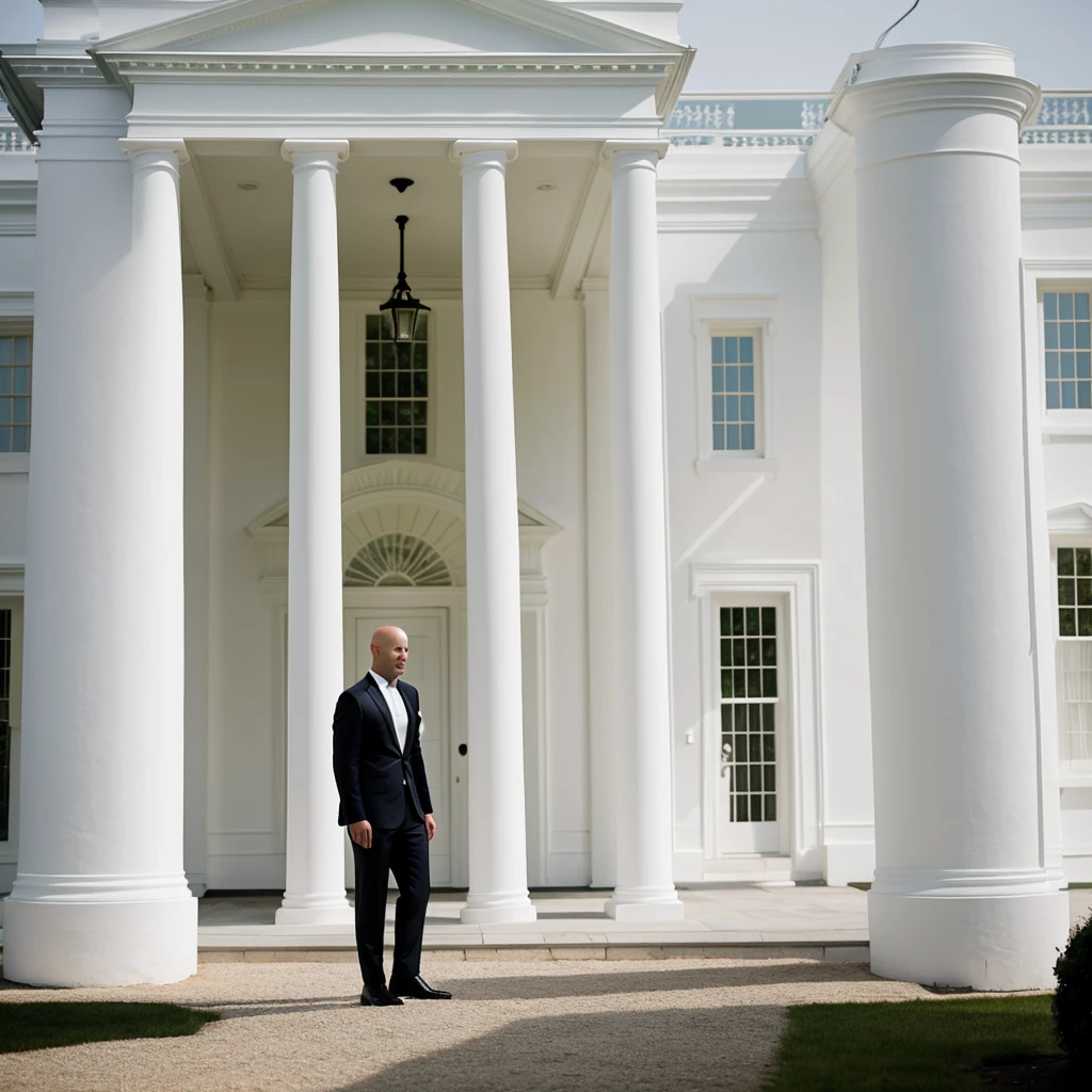 a beautiful bald model stands against the background of a perfectly minimalist white house