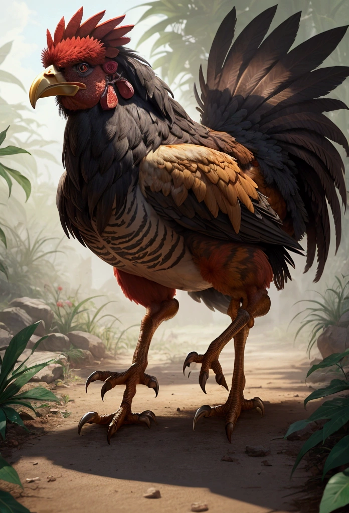 an angry and muscular rooster, walking, there is nothing and nobody in the scene except the rooster, the environment is a jungle.