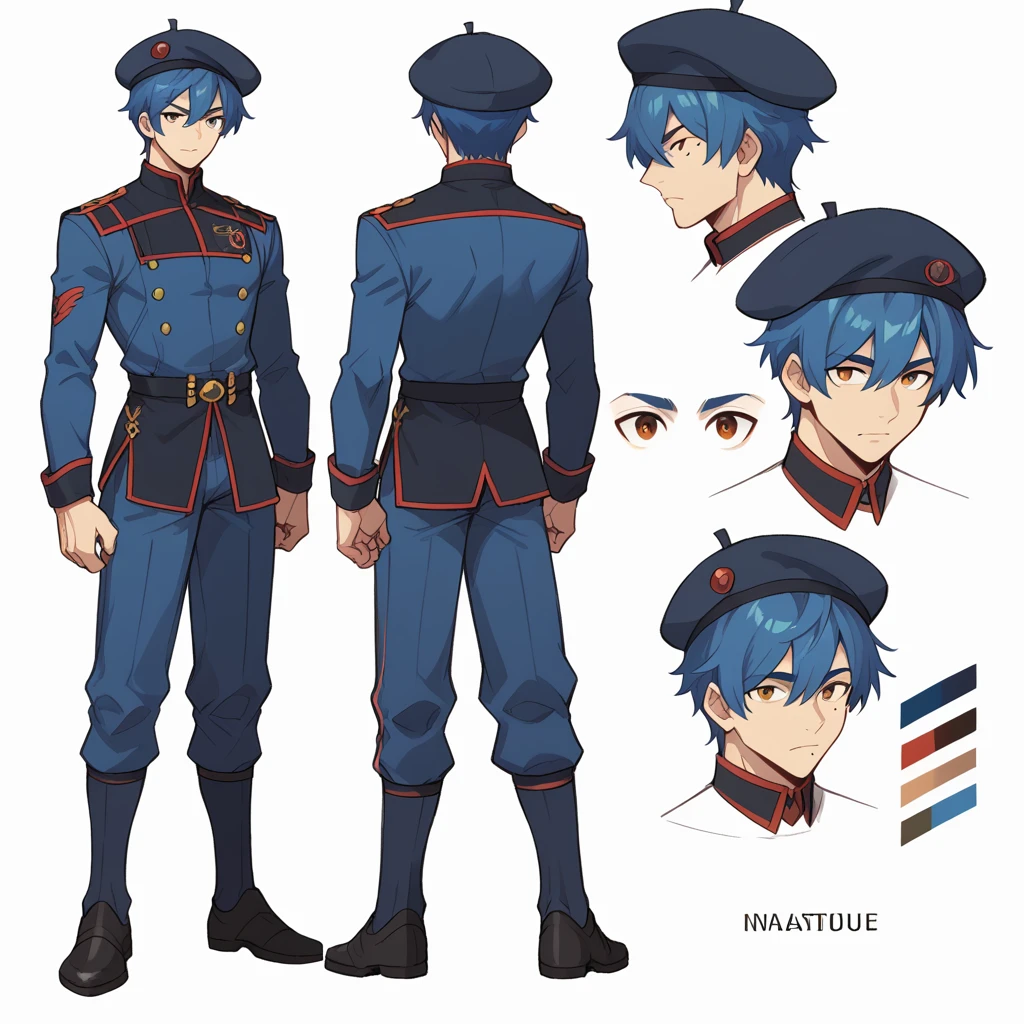 score_9, score_8_up, score_7_up, solo, male focus, blue hair, bangs, beret, mole under eye, male, man, full body, concept art, Reference Sheet, masterpiece