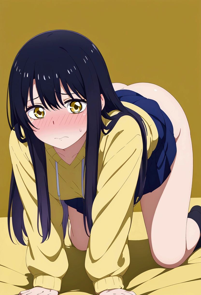 (((miko yotsuya tirando pedos))),(Miko yotsuya farting crouched on all fours, embarrassed, ashamed, (wearing Japanese with yellow sweatshirt and short navy blue skirt),(his butt in front of the screen)) (long black hair with faded purple tips, yellow eyes),(Asian woman), (Masterpiece:1.2、premium)、(The extremely detailed CG Unity 8K wallpapers、ultra detailed、best shadows)、(detailed background)、(the best lighting、extremely delicate and beautiful)、Depth of fields、1 girl in、Alone、facefart、fartfx、sound effects、1girl、object insertion、mieruko-chan、miko yotsuya