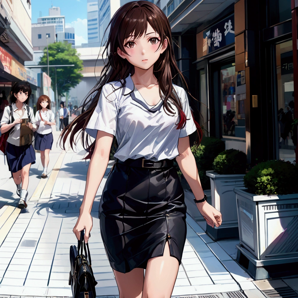 anime girl walking down the street with a black bag, smooth anime cg art, a hyperrealistic , beautiful anime high school girl, attractive anime girl, realistic anime 3 d style, realistic anime artstyle, anime style 4 k, seductive anime girl, digital anime illustration, realistic anime art style, hyperrealistic, Chizuru Ichinose 