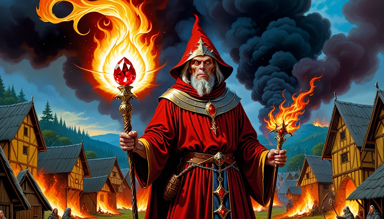 Highly detailed, UHD, 32k, medieval fantasy, heavy metal magazine cover, larry elmore style, oil on canvas, An evil cowled wizard clad in red and yellow, holding a magical fire staff with a red crystal, casting fire orbs at a village, with villagers in panic amidst the fires