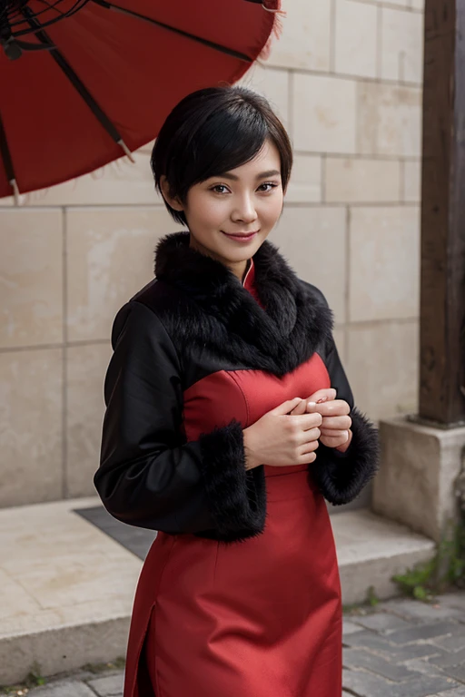 red chinese dress, 1 girl, Alone, black fur, short hair, Upper part of the body, SMILE, parasol, mature woman,