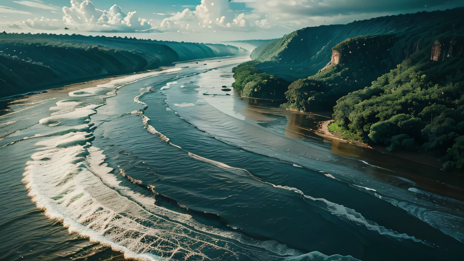 The wave goes up the river, washing both banks, destroying the banks facing it, the wave is transverse to the banks and goes up the river with the force of a tsunami, destroying the sides. A tsunami penetrating the Atlantic into the Amazon River a tsunami entering the Amazon River facing it, A giant wave, Amazon, rises up the Amazon River, devastating the sides, it is a giant wave and a tsunami invading the Amazon River, devastating the sides, the Amazon River at its mouth is 300 km wide and narrows as it goes up the rivers reaching 15 km wide the wave is only around 8 meters high but reaches the entire length from side to side of the river bank an image Super detailed of the Pororoca at the mouth of the Amazon River the Pororoca is a phenomenon when the Atlantic invades the Amazon River when it appears it overcomes the strength of the giant River and rises up the River and as it rises the River destroys trees and ravines on the banks of the Amazon River ((best quality)), ((masterpiece)), (detailed),
