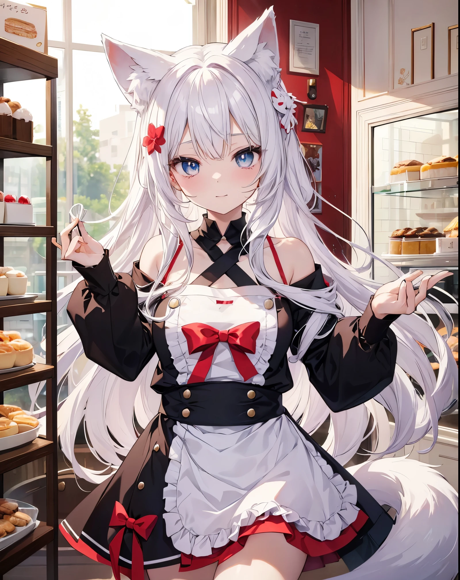 Masterpiece ultra defined, A stunning anime girl with small cat ears and white fox tail, white long hair, He wears a red apron, bare shoulders and bare legs, she is preparing a cake, she is smiling at me while she is working. She is gorgeous, cute face and perfect eyes with The well-defined pupil and manga reflexes in the eyes. The location is a pastry shop, There is a display case with other very colorful cakes on display.