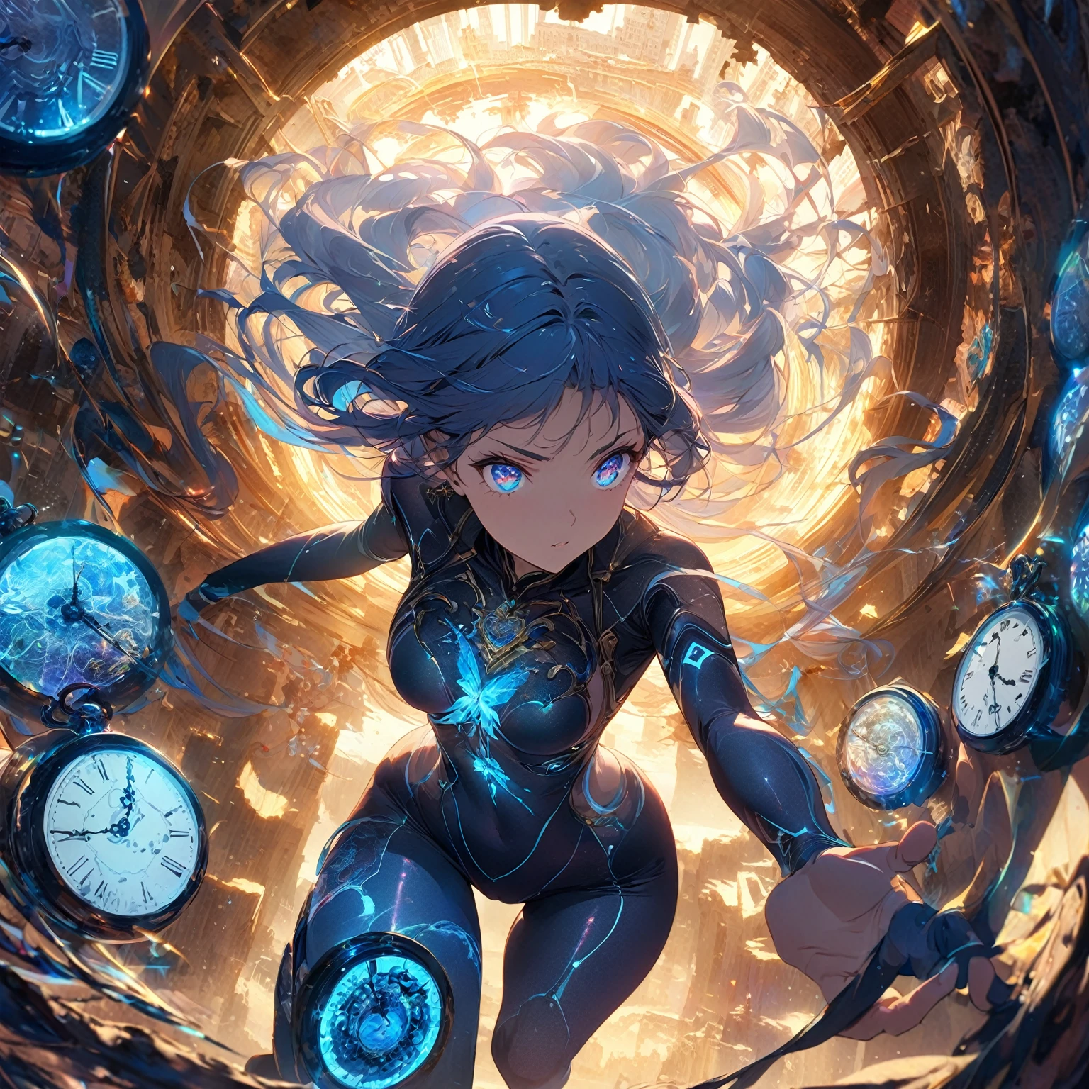 A determined and focused girl with a calm intensity in her eyes, (nude:0.8), slightly distant as if seeing through time. She has long, flowing hair with streaks of silver and blue that shimmer and change with the light. Her deep blue eyes have flecks of gold, symbolizing her connection to infinite timelines. She wears a form-fitting, high-tech bodysuit in shades of midnight blue and silver, adorned with clock gear and constellation patterns. In a dynamic, slightly crouched position, one foot forward as if stepping through a portal. Her right hand extends forward, fingers splayed and glowing with ethereal light, while her left hand cradles an antique pocket watch close to her chest. Surrounded by swirling, translucent time streams that shimmer with iridescent colors. The background is a swirling vortex of temporal energy, with fragments of ancient ruins, futuristic cities, and natural landscapes blending seamlessly. The colors are vibrant and constantly shifting, creating a surreal and timeless environment. She exudes confidence and mastery over her time-manipulating powers, with a semi-transparent, shifting cape trailing behind her, detailed gorgeous face| anime style| key visual| intricate detail| highly detailed| breathtaking| vibrant| panoramic| cinematic| Carne Griffiths| Conrad Roset| gibbli 8k