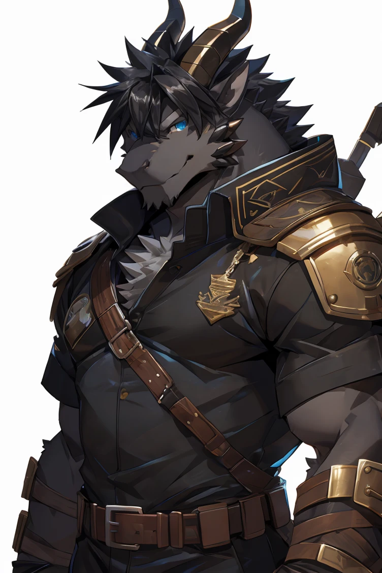 (by sollyz),dragon,white and black body,detail face, detail eyes, detail,male,(naked),pants,furry, short hair,(mercenary)
,blue eyes,black body,black hair,handsome,simple background,
strong,epic,