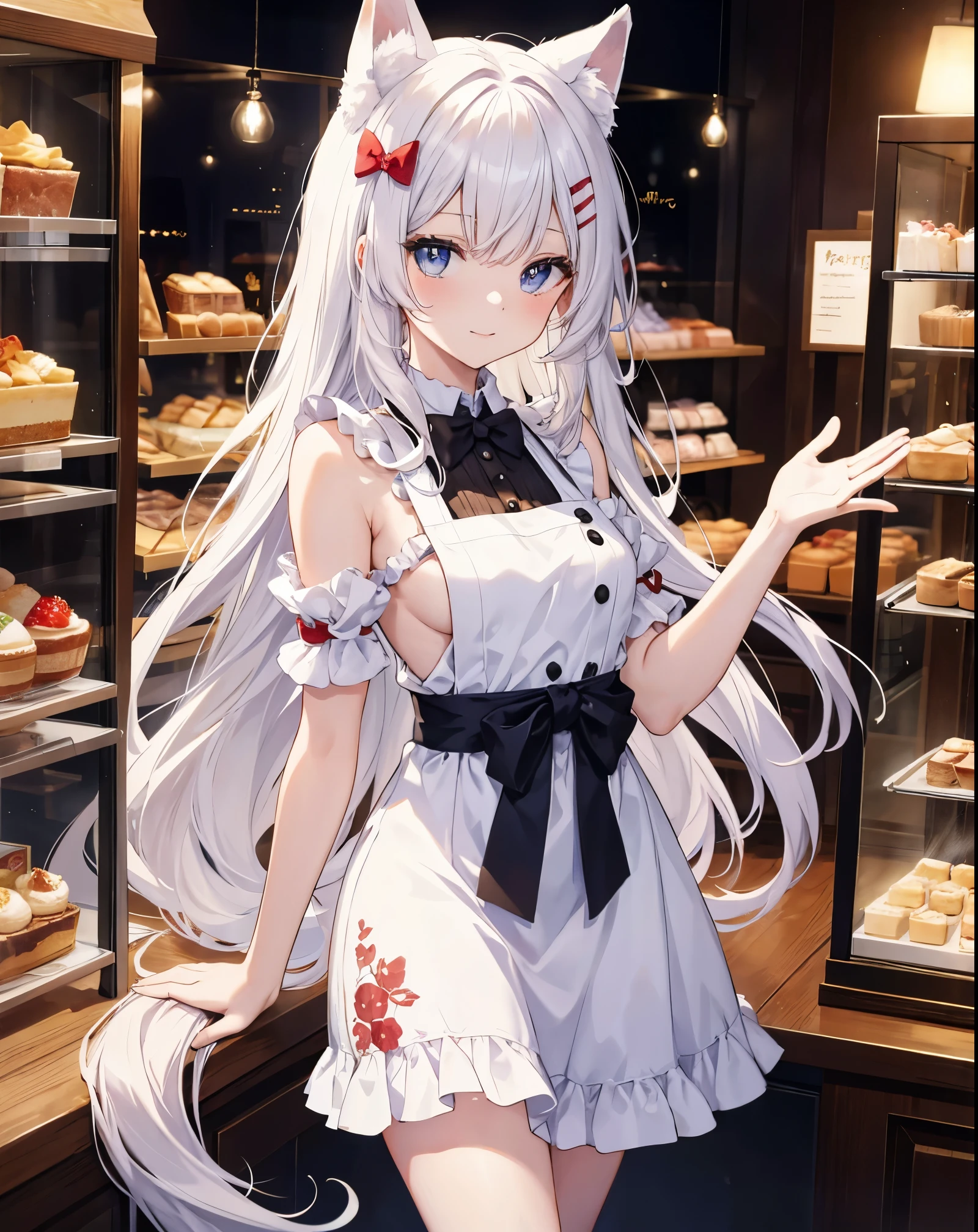 Masterpiece ultra defined, A stunning anime girl with small cat ears and white fox tail, white long hair, He wears a red apron, bare shoulders and bare legs, she is preparing a cake, she is smiling and waving a hand to Say hello to me, as she is posing for a photo. She is gorgeous, cute face and perfect eyes with The well-defined pupil and manga reflexes in the eyes. The location is a pastry shop, There is a display case with other very colorful cakes on display.
