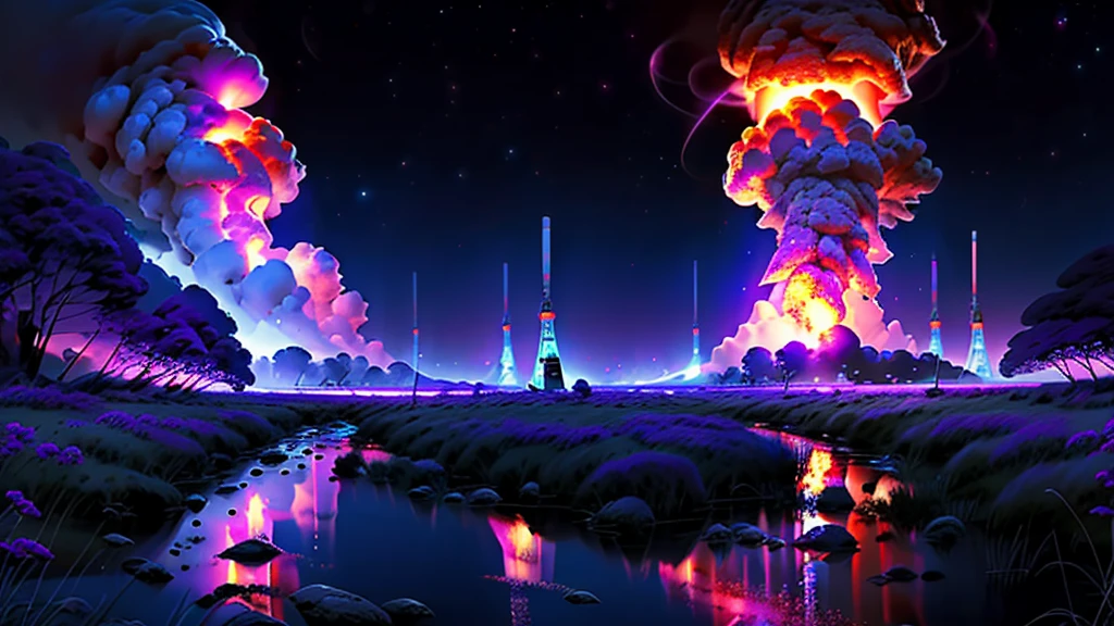 Please help me generate a background image about the nuclear explosion era,The main colors are blue, purple and black,Full of technology,A feeling of time travel