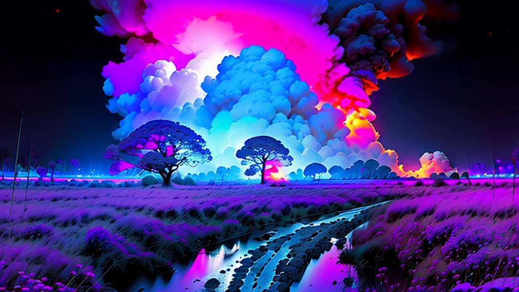 Please help me generate a background image about the nuclear explosion era,The main colors are blue, purple and black,Full of technology,A feeling of time travel