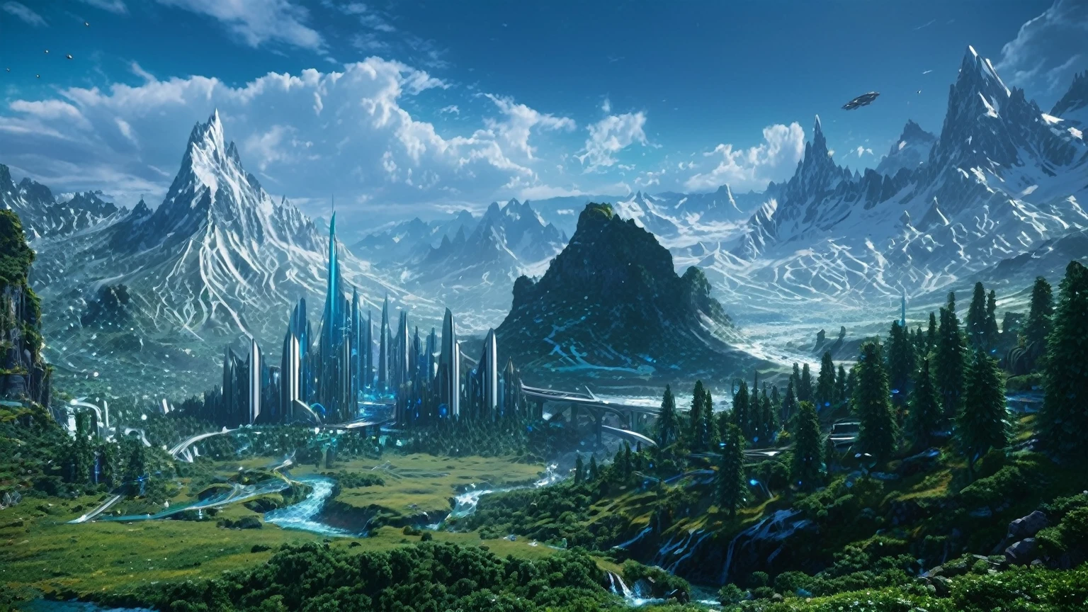 icy mountains, futuristic fantasy city, and a stream in a valley with a forest in the foreground, masterpiece, best quality, Fantasy aesthetics, Highly detailed, beautiful landscape