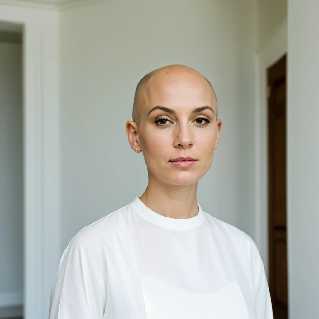 a beautiful bald women stands the background of a perfectly minimalist white house