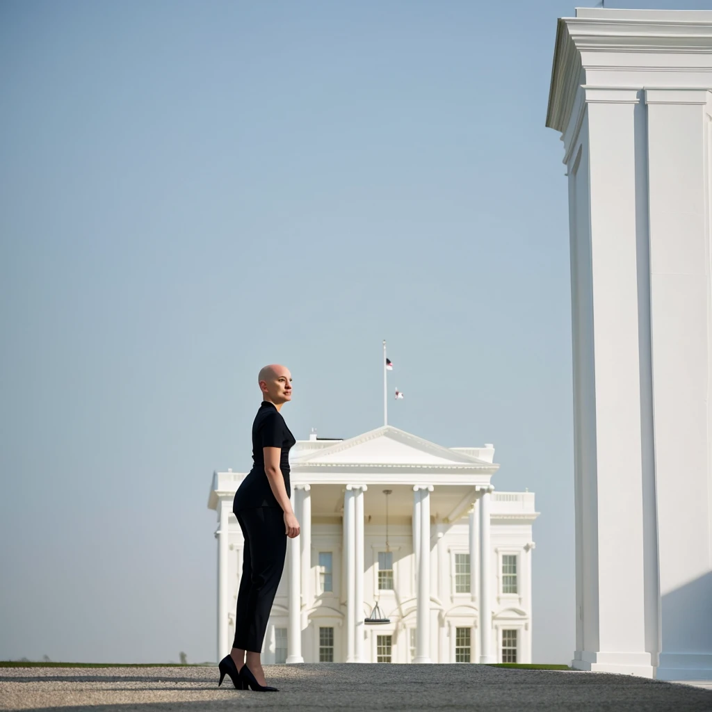 a beautiful bald women stands the background of a perfectly minimalist white house