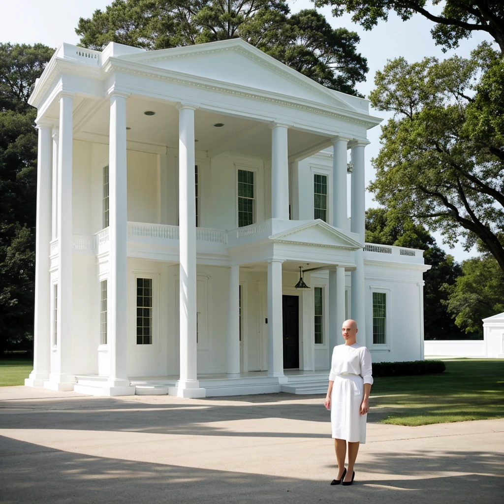 a beautiful bald women stands the background of a perfectly minimalist white house