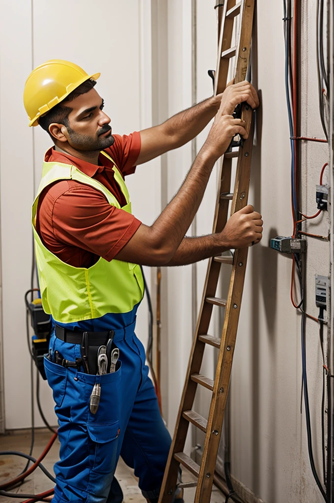 Electrician using ladder