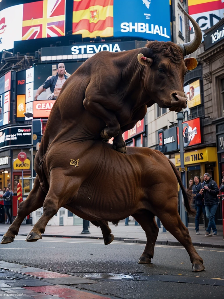 A bull with a Spanish flag wrecking havock in Piccadilly circus, very detailed, action shot