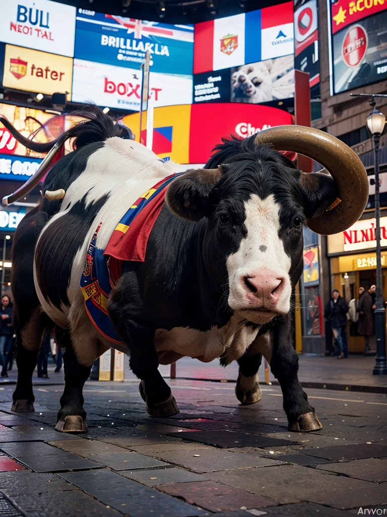 A bull with a Spanish flag wrecking havock in Piccadilly circus, very detailed, action shot