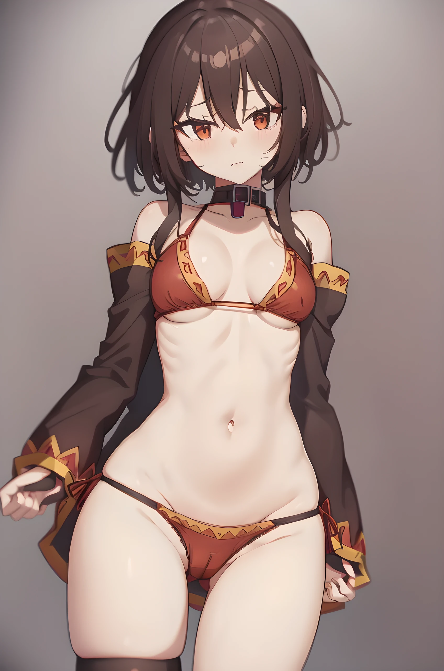 Megumin, KonoSuba, nsfw,  breasts, showing cute nipples, Showing tight shaves pussy, sexy, ((micro bikini, 1girl))