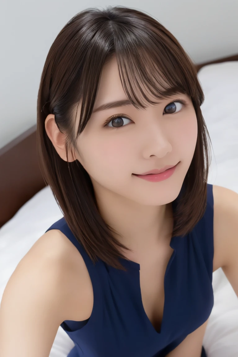 8K highest image quality)、（beautiful）、Yui Aragaki、Accurate Eyes、Fine skin、22-year-old female、Brown eyes、Brown Hair、looking at the camera、Completely naked、Semi-short hair、smile、bangs、Full view of 、Lie down on the bed、Showing nipples、The genitals are visible、Thin pubic hair、Shoot from above、Selfie