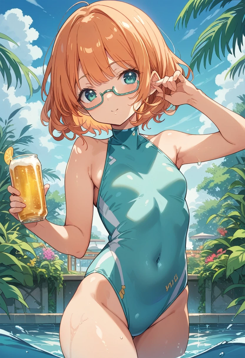 BREAK Perfect Anatomy、(High resolution:1.2)、Incredible illustrations、(Cute illustrations:1.2)、 (Beautiful background) 1 girl(Curly short cut, aqua hair)(Holder neck swimsuit, sunglasses)(Soak in the vinyl pool and drink canned beer in the garden)