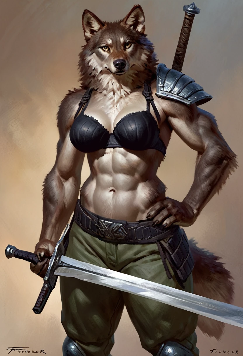 Anthro female wolf resting large two handed sword over his shoulder, posing, solo, cocky expression, masterpiece, best art, full, by taran fiddler, detailed eyes, detailed body, claws, tall, soft abs, bellybutton, wearing roundy bra, pauldrons, armored pants, bandolier,