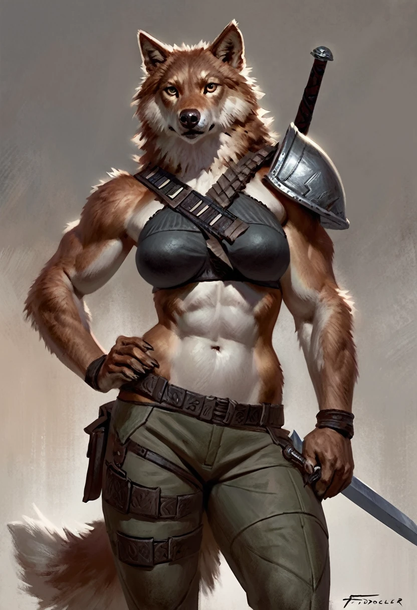 Anthro female wolf resting large two handed sword over his shoulder, posing, solo, cocky expression, masterpiece, best art, full, by taran fiddler, detailed eyes, detailed body, claws, tall, soft abs, bellybutton, wearing roundy bra, pauldrons, armored pants, bandolier,