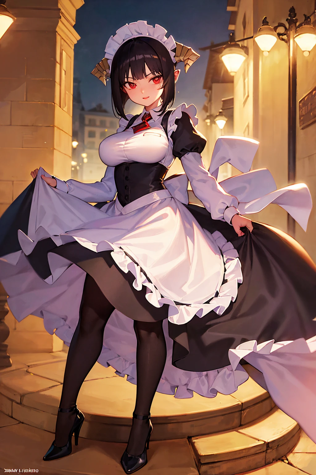 (((NSFW)))、Perfect human body、One lady、((victorian maid outfit))、beautiful shadow、(barechested)、large full breasts、(((lift your skirt up to your waist)))、(((Garter belt visible)))、(((summer garden)))、outside of house、perspiring、embarrassed from、red tide