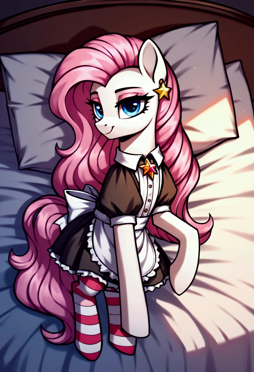 score_9,score_8_up,score_7_up,score_6_up, ((my little pony)), radiant lighting, vibrant colors, whimsical atmosphere, 8K, high resolution, highly detailed, masterpiece, ((brightness white body)), blue eyes, (maid costume), striped stockings, star pendant, earrings, eyeshadow, (very long pink hair:1.3), (((prostitute tries to lure into bed:1.4)))