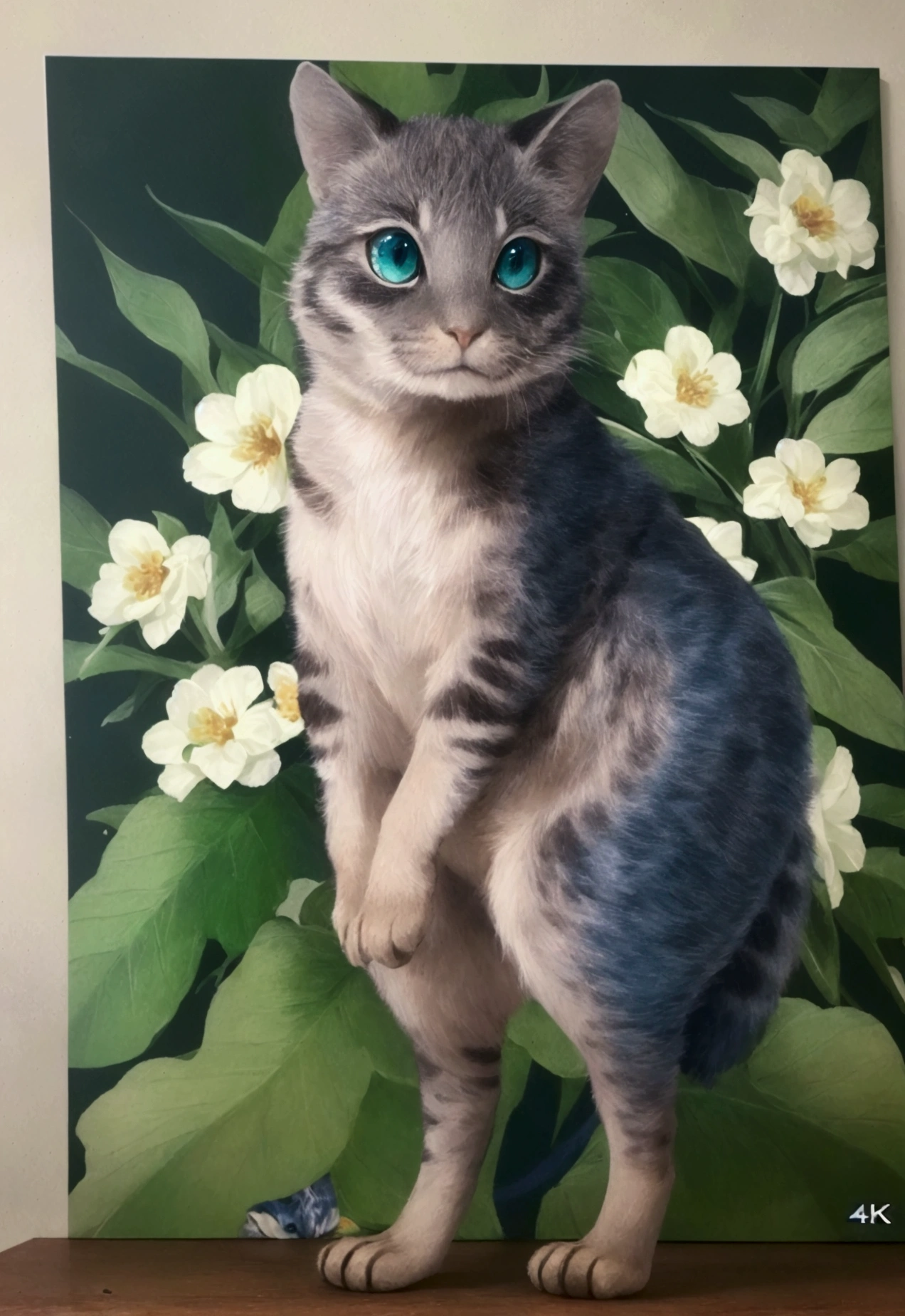 (best quality,4K,8K,highres,masterpiece:1.2),Ultra-detail,(realisti,photorealisti,photo-realisti:1.37),Illustration,animal,Standing position from the front,blue,grau,brown,bright green eyes,floral background