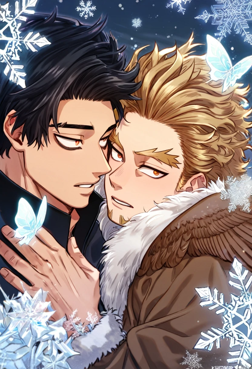 absurd resolution, high resolution, ultra detailed, extremely detailed face, HDR, 8K, delicated features, Hawks, ash-brown hair, expressive brown golden eyes, Boku No Hero Academia, Raiven Kuya, black hair, messy hair, expressive red eyes, two sexy men together, yaoi, gay couple, handsome, brown coat with fur, black coat, fantasy, magical, magic, ice butterflies, snowing, snowflakes, ice lilies, glass