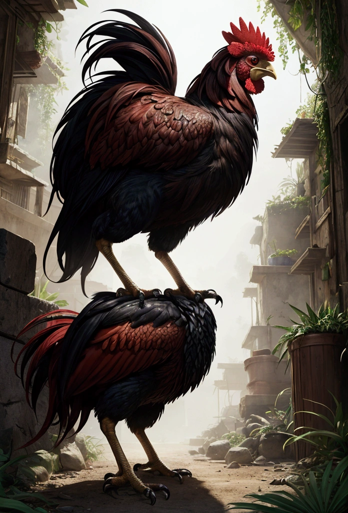 an angry and muscular rooster, walking, there is nothing and nobody in the scene except the rooster, the environment is a jungle.