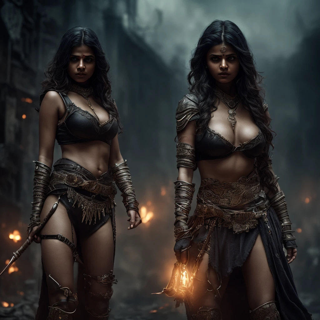 A chubby Indian girl in a sexy warrior outfit, killing slaves, highly detailed, ultra-realistic, cinematic lighting, dramatic pose, sharp focus, photorealistic, 8k, masterpiece, dark fantasy, gritty, moody atmosphere, intense colors, dramatic lighting, intricate details, cinematic composition
