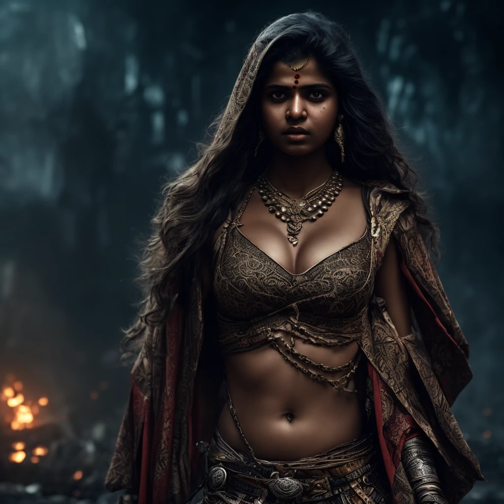 A chubby Indian girl in a sexy warrior outfit, killing slaves, highly detailed, ultra-realistic, cinematic lighting, dramatic pose, sharp focus, photorealistic, 8k, masterpiece, dark fantasy, gritty, moody atmosphere, intense colors, dramatic lighting, intricate details, cinematic composition