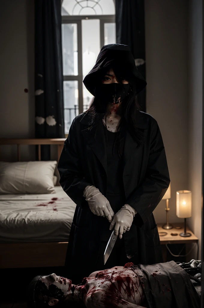korean girl, (behind corpse, surgical mask), holding knife, stabbing, black gloves, room full of blood, black trench coat, bucket hat, holding knife, black gloves, behind corpse, blood splatter, very long hair, night, mass murderer, robbery, in the hotel, dark atmosphere, cinematic lighting, atmospheric realistic, light from the window