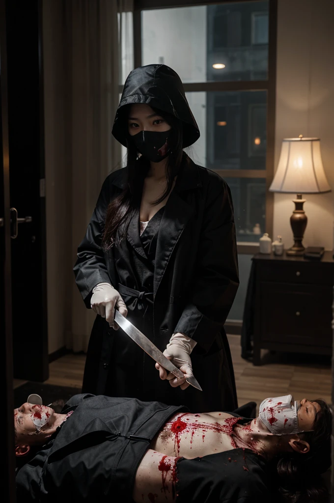 korean girl, (behind corpse, surgical mask), holding knife, stabbing, black gloves, room full of blood, black trench coat, bucket hat, holding knife, black gloves, behind corpse, blood splatter, very long hair, night, mass murderer, robbery, in the hotel, dark atmosphere, cinematic lighting, atmospheric realistic, light from the window