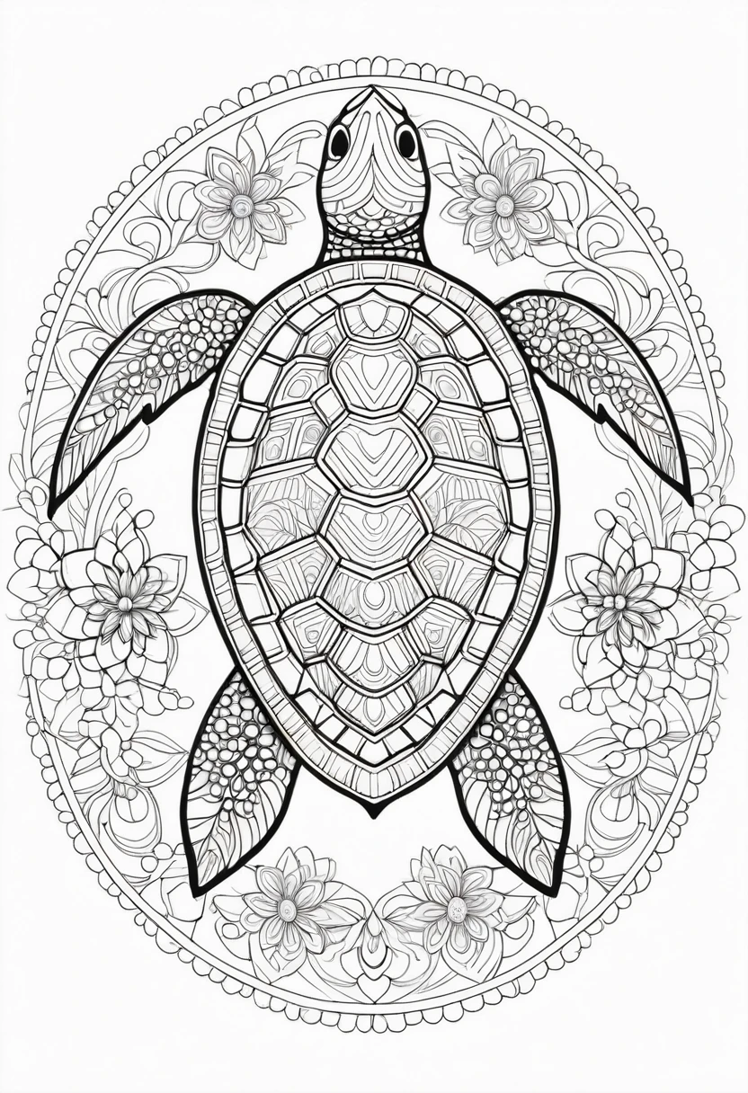 A striking black and white line art coloring page designed for adults with white background, featuring a majestic turtle in a mandala-inspired style. The turtle is adorned with intricate patterns that include floral and geometric designs, making it an engaging and detailed work of art. The illustration focuses on crisp, clean lines and bold outlines, without any shading or color, allowing the user to bring their own vibrancy to the piece. The minimalistic design, with its thick lines and absence of background details, creates a soothing coloring experience for adults seeking calming and creative activities. illustration