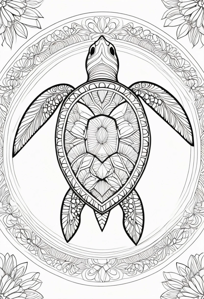A striking black and white line art coloring page designed for adults with white background, featuring a majestic turtle in a mandala-inspired style. The turtle is adorned with intricate patterns that include floral and geometric designs, making it an engaging and detailed work of art. The illustration focuses on crisp, clean lines and bold outlines, without any shading or color, allowing the user to bring their own vibrancy to the piece. The minimalistic design, with its thick lines and absence of background details, creates a soothing coloring experience for adults seeking calming and creative activities. illustration