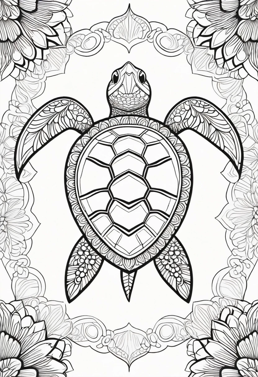 A striking black and white line art coloring page designed for adults with white background, featuring a majestic turtle in a mandala-inspired style. The turtle is adorned with intricate patterns that include floral and geometric designs, making it an engaging and detailed work of art. The illustration focuses on crisp, clean lines and bold outlines, without any shading or color, allowing the user to bring their own vibrancy to the piece. The minimalistic design, with its thick lines and absence of background details, creates a soothing coloring experience for adults seeking calming and creative activities. illustration
