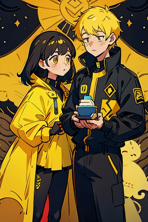 girl in yellow with her boy in black