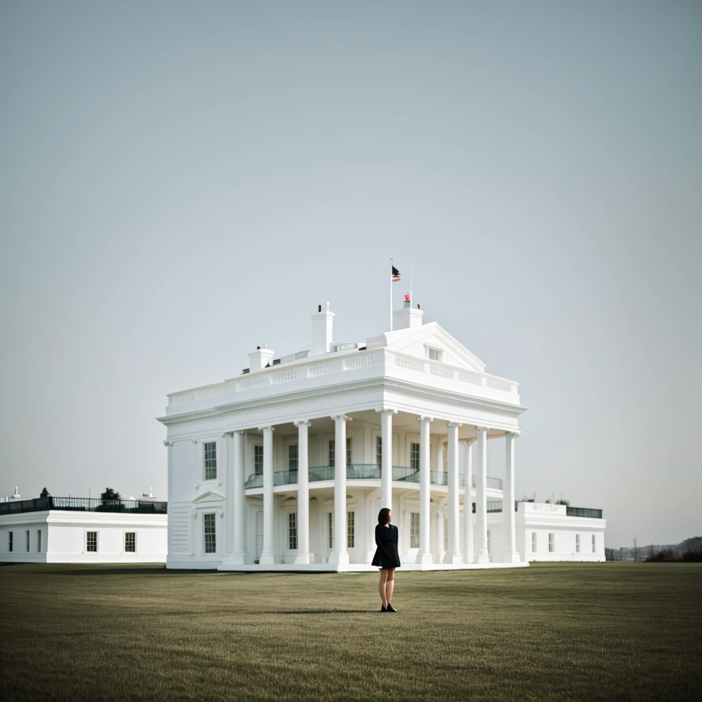 a beautiful short hair women stands the background of a perfectly minimalist white house