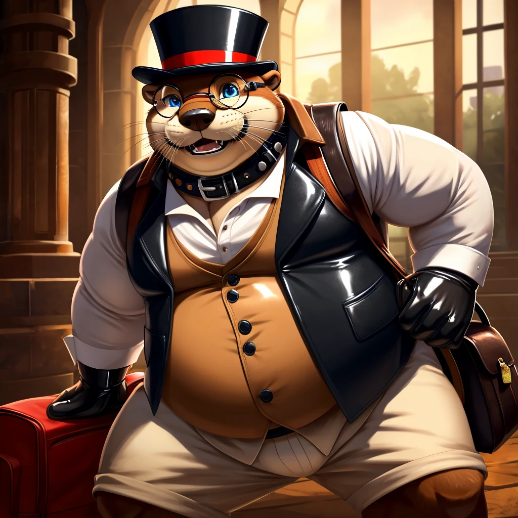 Solo, Male, fat, extremely obese, gentleman, dapper Professor Otter with a neck bulge, blue eyes, (soft shading), 4k, hi res, ((detailed face, detailed)), looking at viewer, mouth wide open, steampunk, collared shirt with buttons, top hat, male focus, Explorer Outfit, glasses, monocle, bag, vest with buttons, backpack, sleeves rolled up, round eyewear, brown headwear, brown vest, Otter is wearing a glossy leather dog collar around the neck, Otter is wearing the leather collar and shirt and vest at the same time, Otter is wearing glossy white rubber gloves on the hands, wearing white rubber gloves on the feet, gloves are rubber in texture, clenching teeth, leather collar is glossy and shiny with a lot of detail, Otter is wearing gloves and leather collar at the same time, leather collar has a round dog-tag, leather collar is thick and detailed.