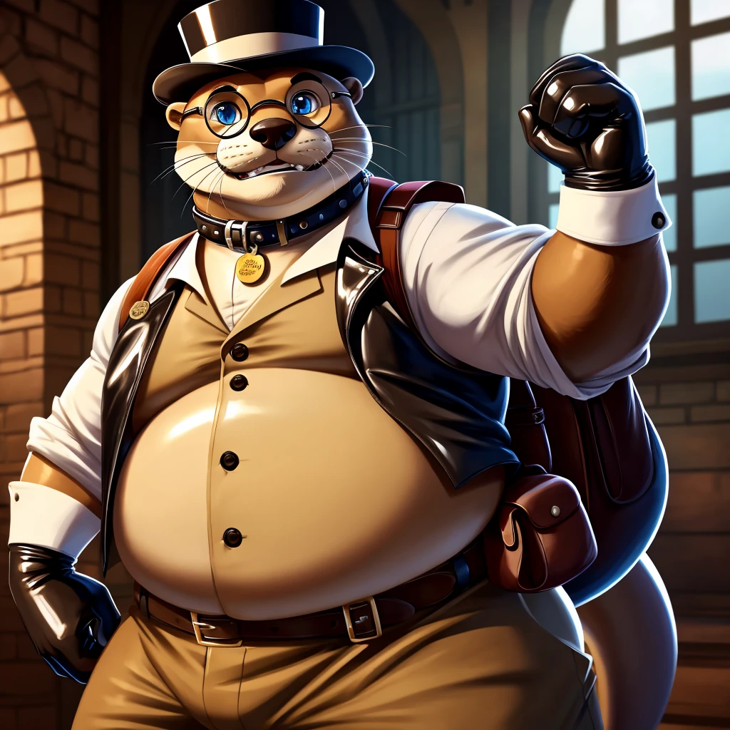 Solo, Male, fat, extremely obese, gentleman, dapper Professor Otter with a neck bulge, blue eyes, (soft shading), 4k, hi res, ((detailed face, detailed)), looking at viewer, mouth wide open, steampunk, collared shirt with buttons, top hat, male focus, Explorer Outfit, glasses, monocle, bag, vest with buttons, backpack, sleeves rolled up, round eyewear, brown headwear, brown vest, Otter is wearing a glossy leather dog collar around the neck, Otter is wearing the leather collar and shirt and vest at the same time, Otter is wearing glossy white rubber gloves on the hands, wearing white rubber gloves on the feet, gloves are rubber in texture, clenching teeth, leather collar is glossy and shiny with a lot of detail, Otter is wearing gloves and leather collar at the same time, leather collar has a round dog-tag, leather collar is thick and detailed.