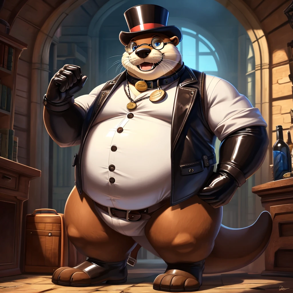 Solo, Male, fat, extremely obese, gentleman, dapper Professor Otter with a neck bulge, blue eyes, (soft shading), 4k, hi res, ((detailed face, detailed)), looking at viewer, mouth wide open, steampunk, collared shirt with buttons, top hat, male focus, Explorer Outfit, glasses, monocle, bag, vest with buttons, backpack, sleeves rolled up, round eyewear, brown headwear, brown vest, Otter is wearing a glossy leather dog collar around the neck, Otter is wearing the leather collar and shirt and vest at the same time, Otter is wearing glossy white rubber gloves on the hands, wearing white rubber gloves on the feet, gloves are rubber in texture, clenching teeth, leather collar is glossy and shiny with a lot of detail, Otter is wearing gloves and leather collar at the same time, leather collar has a round dog-tag, leather collar is thick and detailed.