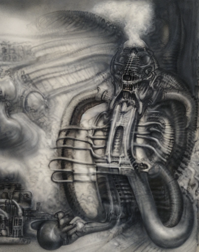 The image is a detailed view of H.R. Giger's biomechanical tableau \" Landscape XVI \" plate, featuring.
(airbrush painting, Giger's alien in front of broken alien ship in landscape, natural light, sharp focus, illustration, highly detailed, digital painting, concept art, matte, art by gric and kozhanov and moebius and Alphonse Mucha, masterpiece, HDR ,UHD , uplight, in HRGigerArhP style);1.
surrealistic painting of a monster with multiple tentacles and a body that looks like a brain, surrounded by a chaotic scene of swirling clouds and other monsters
It's a complex network of bones and organs in eldritch color scheme:a greenish-brown hue ,swirling gery and brown colors. The artwork is silverish and green brown, with an ivory bones prominently displayed. The image is highly detailed and intricate, almost like a 3d version of a medical sketchwork.
The piece is a tableau, most likely created with a India ink pen or pencil on paper, determined by the thin lines, shading techniques, and the texture of the paper, which is visible around the edges.
Used is pen, given the shading and variations in line weight visible in the image. Artist have used a variety of stylus with different degrees of hardness to achieve the shading effects.
The use of undersaturated green-grays dark contrasts creates a stark and graphic look. Is used a variety of linework techniques to create different textures. Fine, parallel lines create a smooth, metallic texture,while thicker, more cursive lines suggest cables or wires.
Light source from the top highlights skeletals, pper part of foreground, lower part of image is in shadowupper part of foreground, lower part of image is in shadow.
The art performance showcases the artist’s skills in observation and rendering. The level of detail in the piece suggests a close study of real bone specimens and mechanics. The artist has skillfully used shading techniques to create a convincing illusion of three-dimensionality on a flat surface. The wrinkles