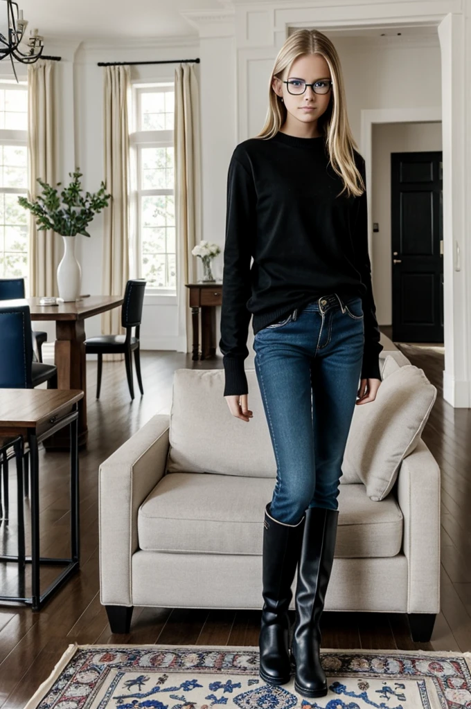 blonde with blue eyes in black casual clothes and black boots with glasses in a beautiful white house