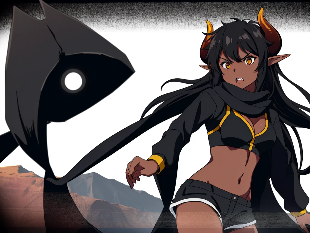 (1girl ,25s,adult,mature female),long hair, black hair,horns,elf ears,((black scarf)),cleavage,(((dark skin))),(black sports bra,black sports shorts, midriff),(white background, simple background),long sleeves,angry,standing,battle pose